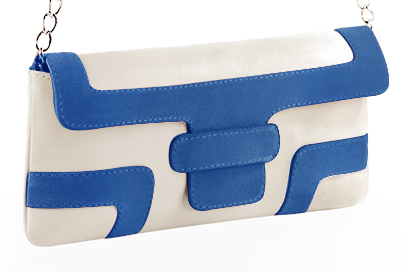 Small dressy baguette bag in off white and electric blue leather - Front view